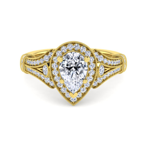 Vintage Inspired 14K Yellow Gold Pear Shape Halo Diamond Engagement Ring
