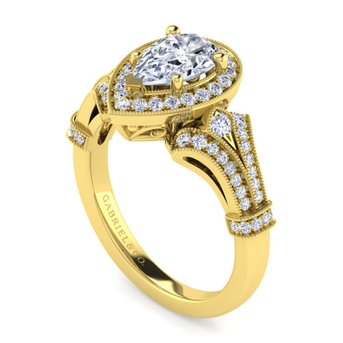 Vintage Inspired 14K Yellow Gold Pear Shape Halo Diamond Engagement Ring