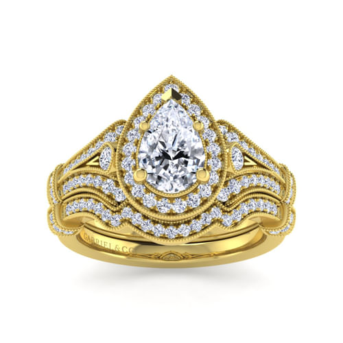 Vintage Inspired 14K Yellow Gold Pear Shape Halo Diamond Engagement Ring