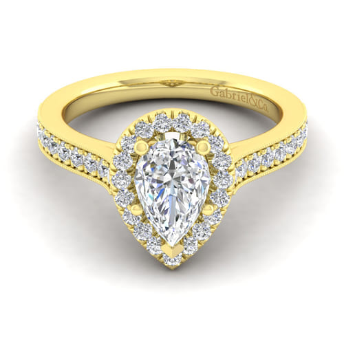 Vintage Inspired 14K Yellow Gold Pear Shape Halo Diamond Engagement Ring