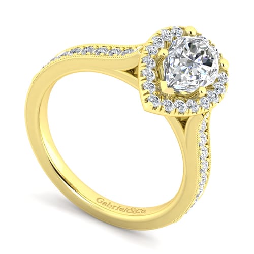 Vintage Inspired 14K Yellow Gold Pear Shape Halo Diamond Engagement Ring