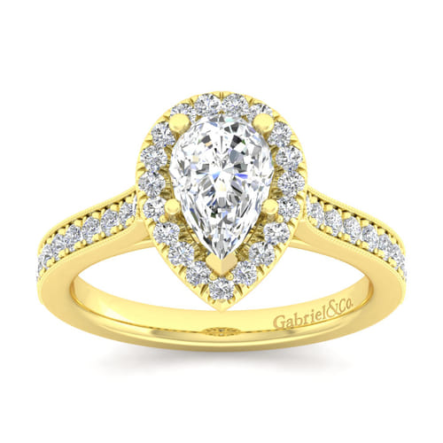 Vintage Inspired 14K Yellow Gold Pear Shape Halo Diamond Engagement Ring