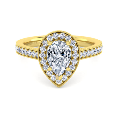Vintage Inspired 14K Yellow Gold Pear Shape Halo Diamond Engagement Ring