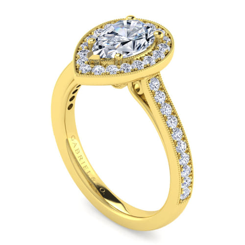 Vintage Inspired 14K Yellow Gold Pear Shape Halo Diamond Engagement Ring