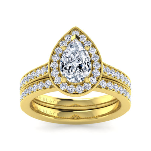 Vintage Inspired 14K Yellow Gold Pear Shape Halo Diamond Engagement Ring