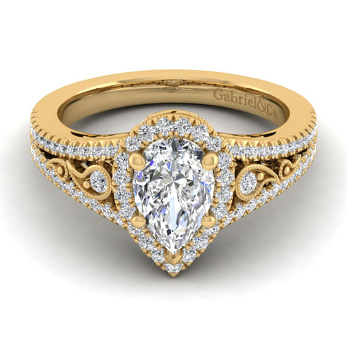 Vintage Inspired 14K Yellow Gold Pear Shape Halo Diamond Engagement Ring