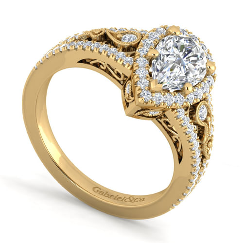 Vintage Inspired 14K Yellow Gold Pear Shape Halo Diamond Engagement Ring
