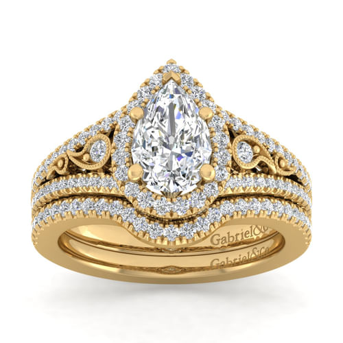 Vintage Inspired 14K Yellow Gold Pear Shape Halo Diamond Engagement Ring
