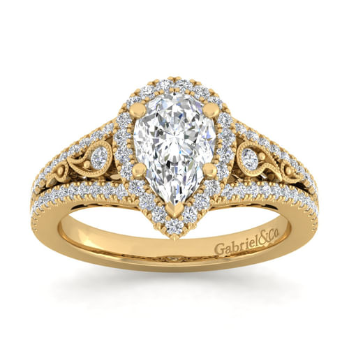 Vintage Inspired 14K Yellow Gold Pear Shape Halo Diamond Engagement Ring