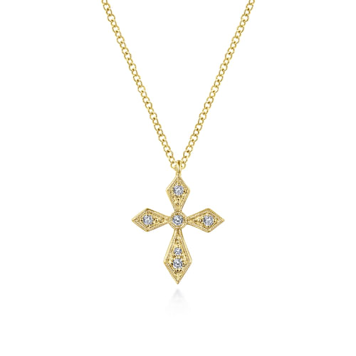 Vintage Inspired 14K Yellow Gold Pointed Diamond Cross Pendant Necklace