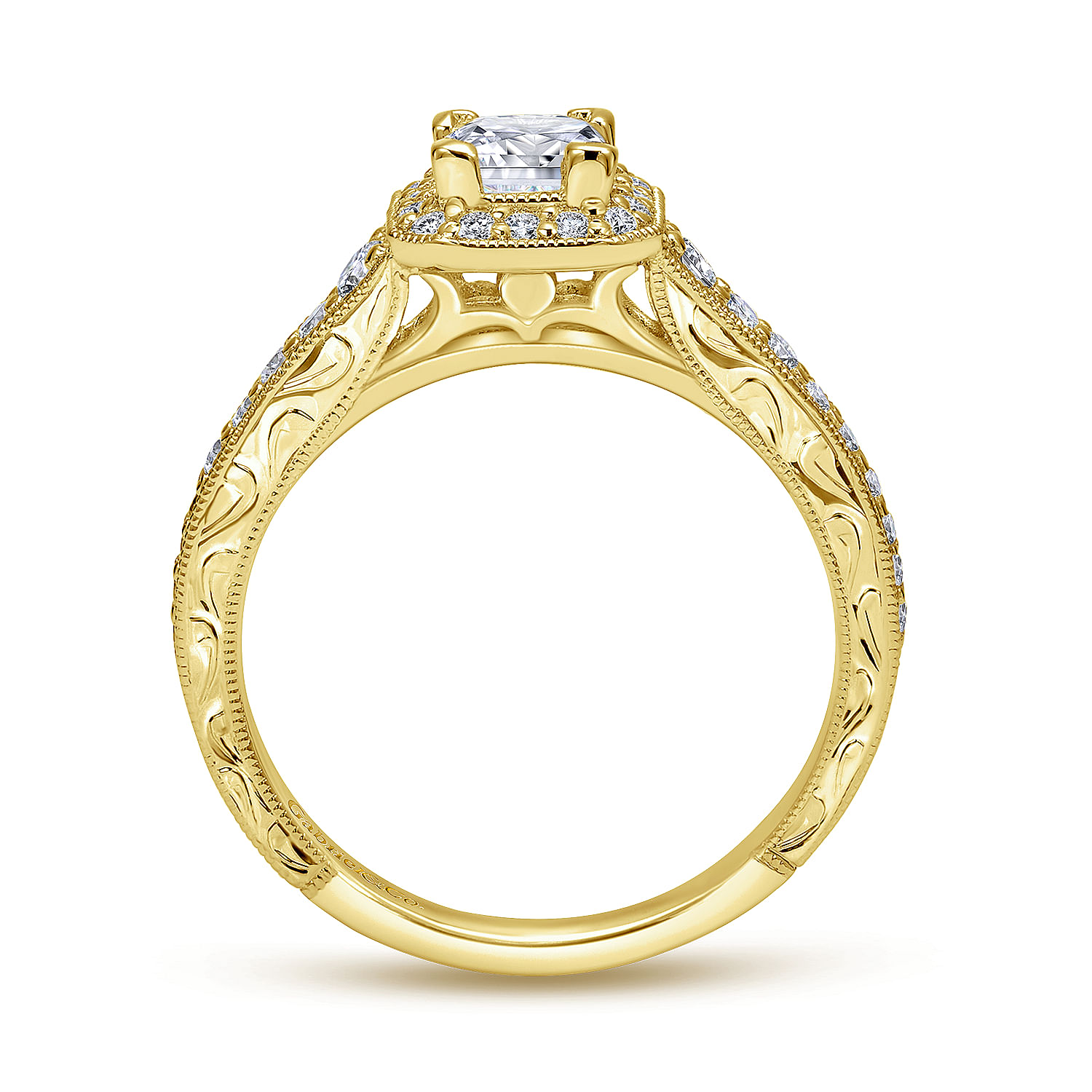 Vintage Inspired 14K Yellow Gold Princess Halo Complete Diamond Engagement Ring