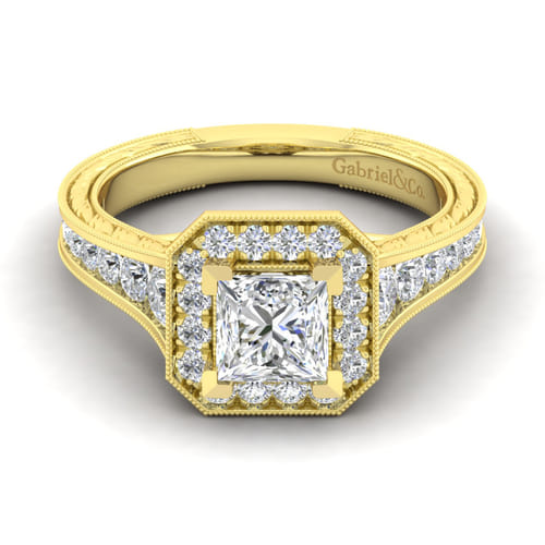 Vintage Inspired 14K Yellow Gold Princess Halo Diamond Channel Set Engagement Ring Vintage Inspired 14K Yellow Gold Princess Halo Diamond Channel Set Engagement Ring