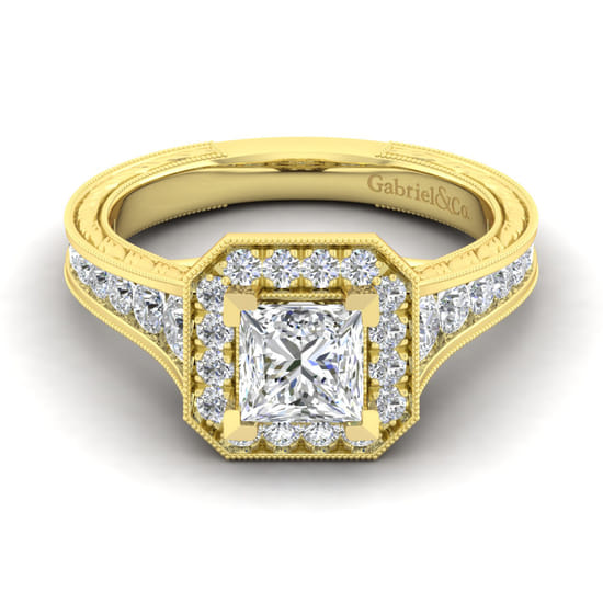 Gabriel - Vintage Inspired 14K Yellow Gold Princess Halo Diamond Channel Set Engagement Ring