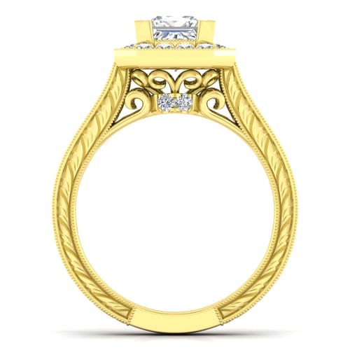 Vintage Inspired 14K Yellow Gold Princess Halo Diamond Channel Set Engagement Ring Vintage Inspired 14K Yellow Gold Princess Halo Diamond Channel Set Engagement Ring