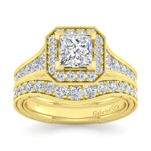 Vintage Inspired 14K Yellow Gold Princess Halo Diamond Channel Set Engagement Ring Vintage Inspired 14K Yellow Gold Princess Halo Diamond Channel Set Engagement Ring