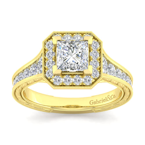 Vintage Inspired 14K Yellow Gold Princess Halo Diamond Channel Set Engagement Ring Vintage Inspired 14K Yellow Gold Princess Halo Diamond Channel Set Engagement Ring