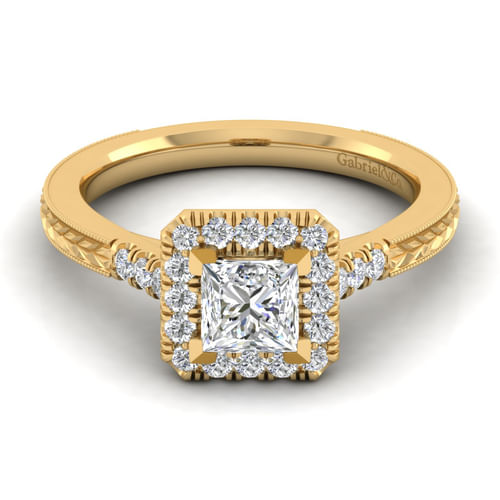 Vintage Inspired 14K Yellow Gold Princess Halo Diamond Engagement Ring