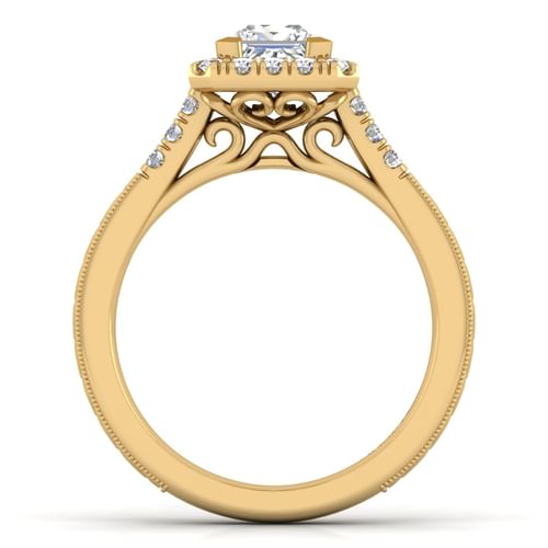 Vintage Inspired 14K Yellow Gold Princess Halo Diamond Engagement Ring