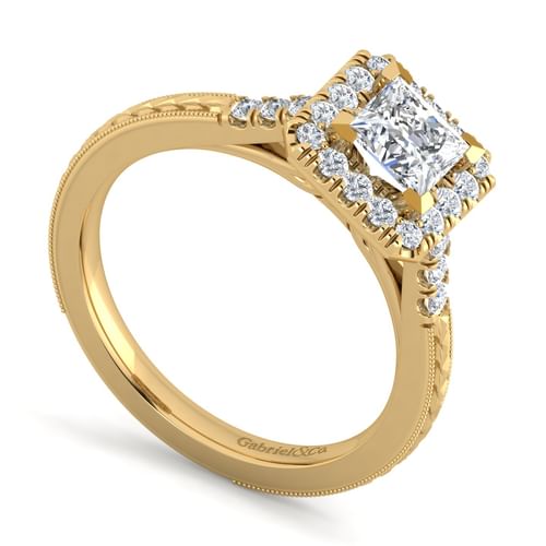 Vintage Inspired 14K Yellow Gold Princess Halo Diamond Engagement Ring