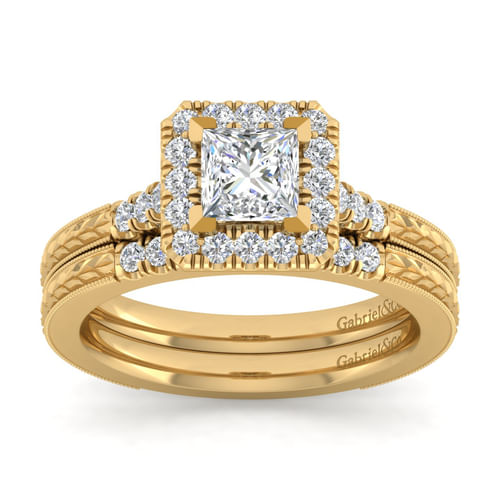 Vintage Inspired 14K Yellow Gold Princess Halo Diamond Engagement Ring