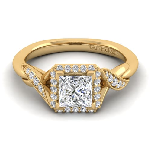 Vintage Inspired 14K Yellow Gold Princess Halo Diamond Engagement Ring