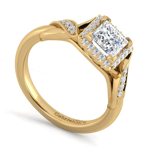 Vintage Inspired 14K Yellow Gold Princess Halo Diamond Engagement Ring