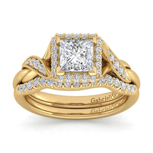 Vintage Inspired 14K Yellow Gold Princess Halo Diamond Engagement Ring