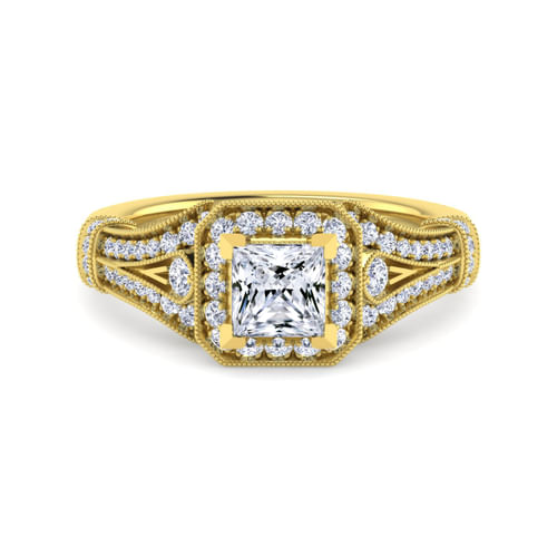 Vintage Inspired 14K Yellow Gold Princess Halo Diamond Engagement Ring