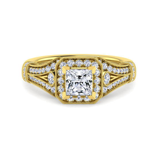 Gabriel - Vintage Inspired 14K Yellow Gold Princess Halo Diamond Engagement Ring