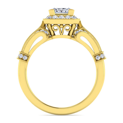 Vintage Inspired 14K Yellow Gold Princess Halo Diamond Engagement Ring