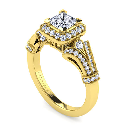 Vintage Inspired 14K Yellow Gold Princess Halo Diamond Engagement Ring