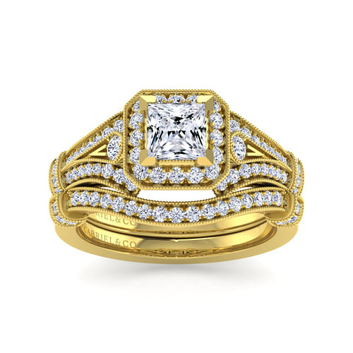 Vintage Inspired 14K Yellow Gold Princess Halo Diamond Engagement Ring