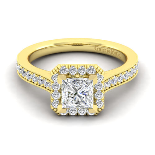 Vintage Inspired 14K Yellow Gold Princess Halo Diamond Engagement Ring