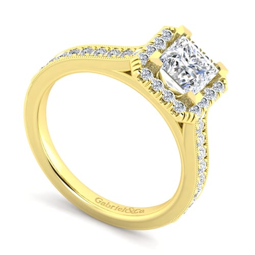Vintage Inspired 14K Yellow Gold Princess Halo Diamond Engagement Ring