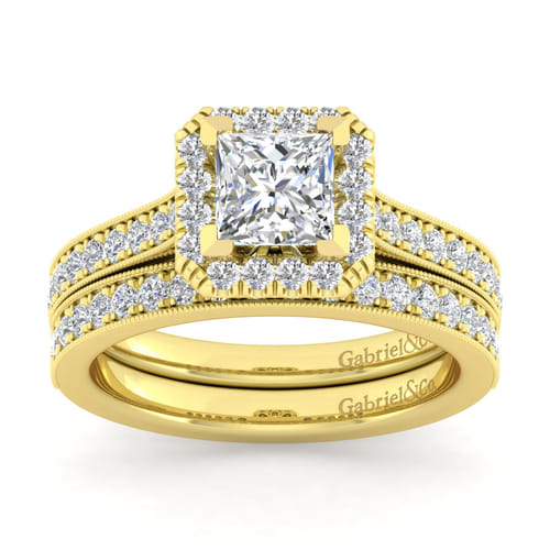 Vintage Inspired 14K Yellow Gold Princess Halo Diamond Engagement Ring