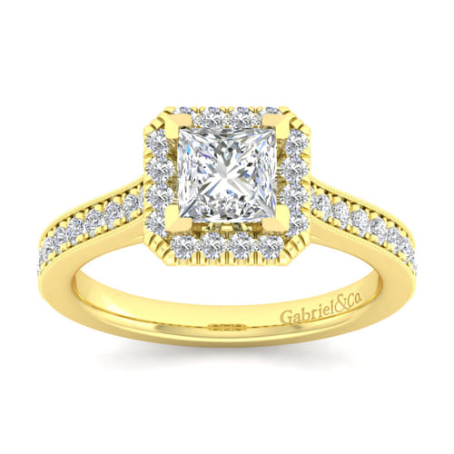Vintage Inspired 14K Yellow Gold Princess Halo Diamond Engagement Ring