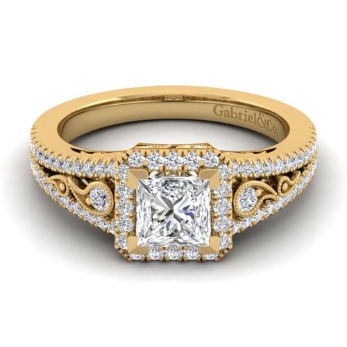 Vintage Inspired 14K Yellow Gold Princess Halo Diamond Engagement Ring