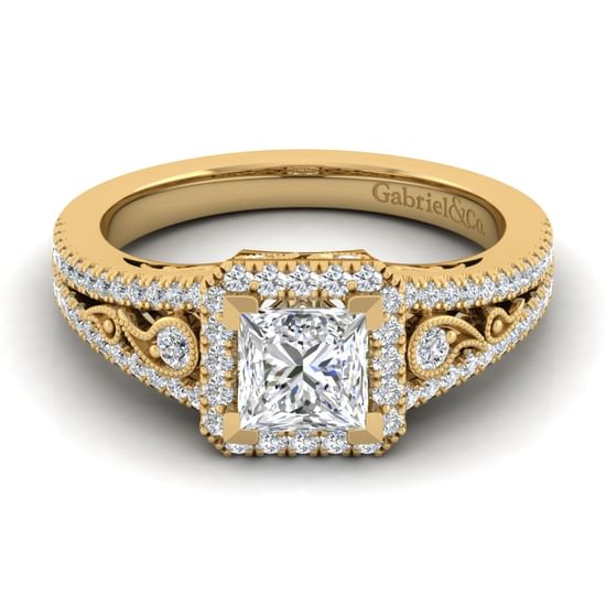 Gabriel - Vintage Inspired 14K Yellow Gold Princess Halo Diamond Engagement Ring