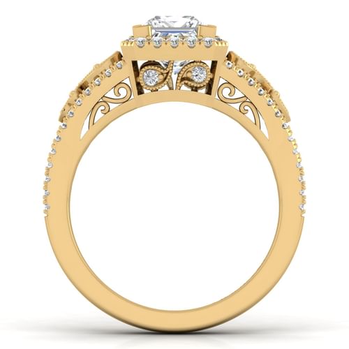 Vintage Inspired 14K Yellow Gold Princess Halo Diamond Engagement Ring
