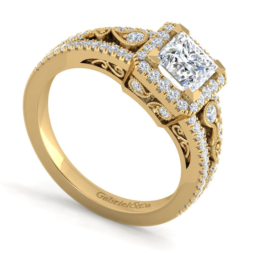 Vintage Inspired 14K Yellow Gold Princess Halo Diamond Engagement Ring