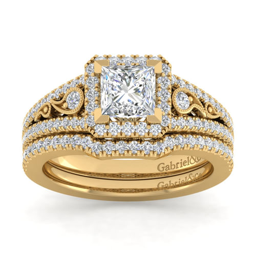 Vintage Inspired 14K Yellow Gold Princess Halo Diamond Engagement Ring