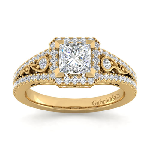 Vintage Inspired 14K Yellow Gold Princess Halo Diamond Engagement Ring