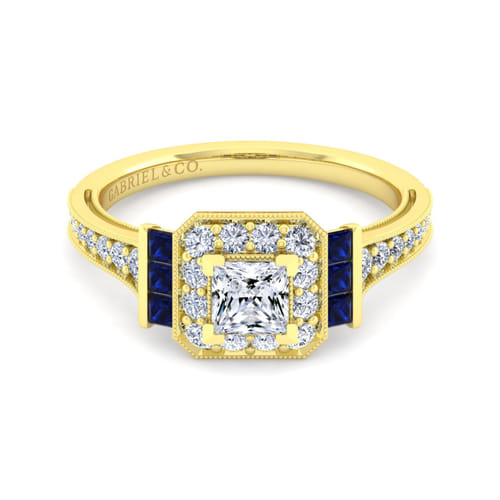 Vintage Inspired 14K Yellow Gold Princess Halo Sapphire and Diamond Channel Set Engagement Ring