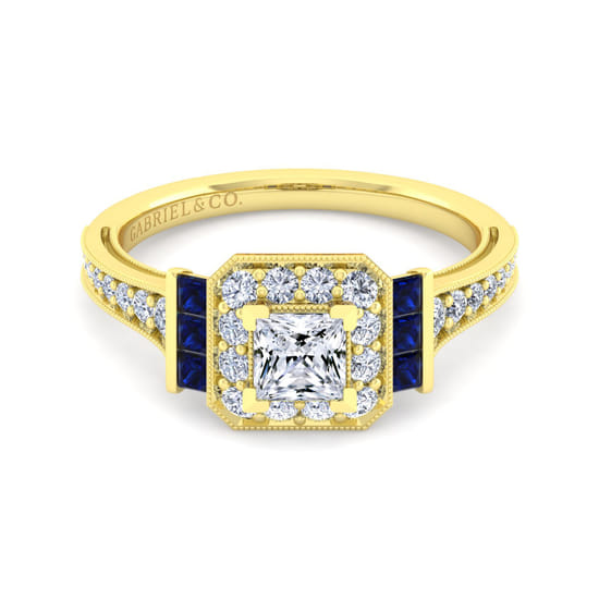 Gabriel - Vintage Inspired 14K Yellow Gold Princess Halo Sapphire and Diamond Channel Set Engagement Ring