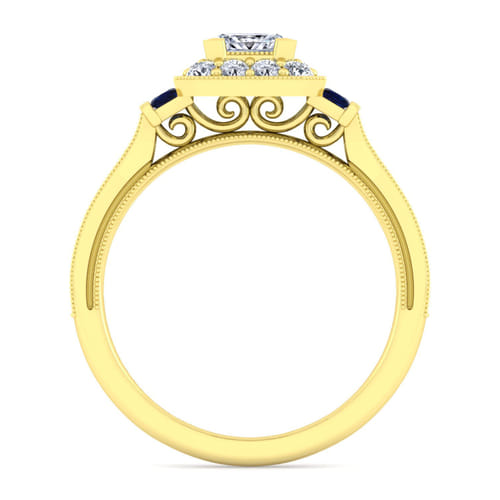 Vintage Inspired 14K Yellow Gold Princess Halo Sapphire and Diamond Channel Set Engagement Ring