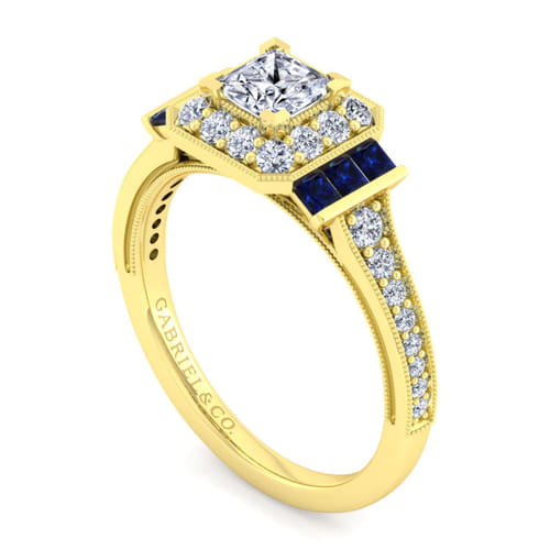 Vintage Inspired 14K Yellow Gold Princess Halo Sapphire and Diamond Channel Set Engagement Ring
