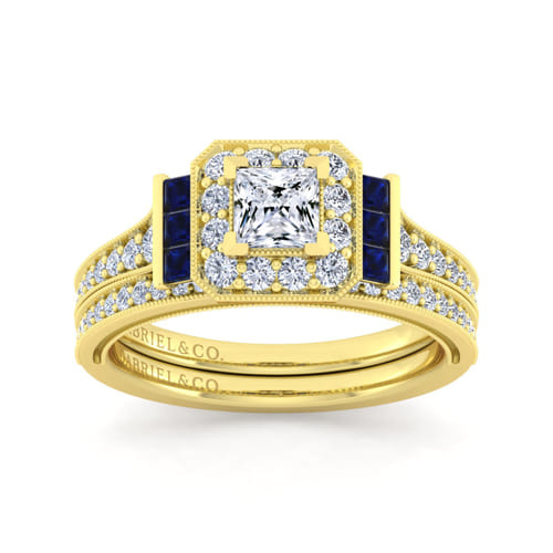 Vintage Inspired 14K Yellow Gold Princess Halo Sapphire and Diamond Channel Set Engagement Ring