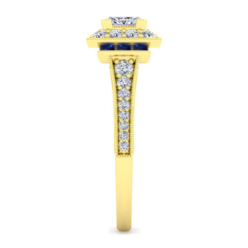 Vintage Inspired 14K Yellow Gold Princess Halo Sapphire and Diamond Channel Set Engagement Ring