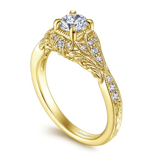 Vintage Inspired 14K Yellow Gold Round Halo Complete Diamond Engagement Ring