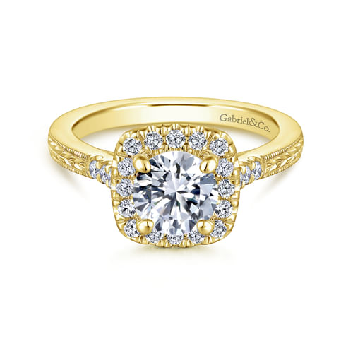 Vintage Inspired 14K Yellow Gold Round Halo Diamond Engagement Ring